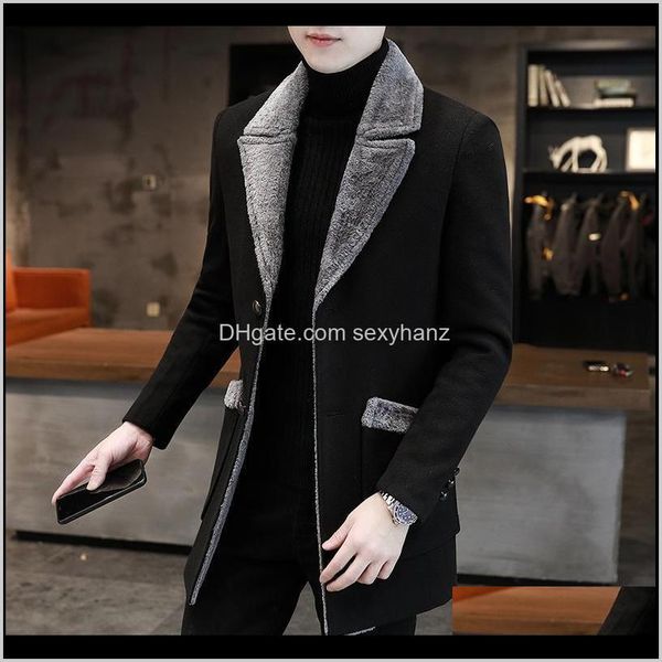 

blends outerwear & coats clothing apparel drop delivery 2021 mens mid-length slim-fit wool winter warmth fashion casual lapel fur collar sol, Black