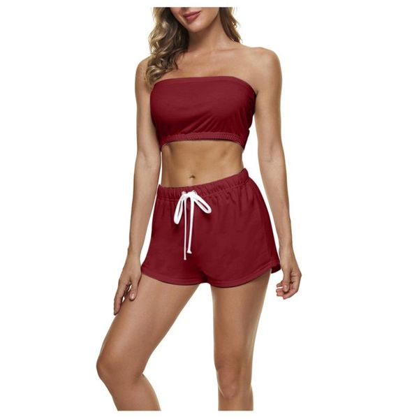 

women's tracksuits tube lace-up sports suit casual solid color drawstring gym shorts tracksuit bra workout 2pcs set outfit, Gray