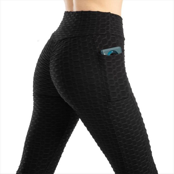 

fitness pants workout high waist women leggings bumps style push up booty lifting hip breathable pockets sport, Black