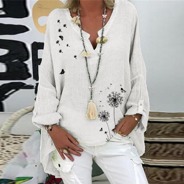 

women's blouses & shirts casual daisy print linen cotton blouse women autumn v neck long sleeve shirt lady loose blusa pullove manteau, White