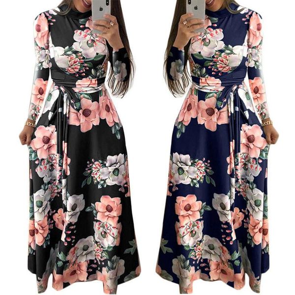 

casual dresses autumn women high street maxi long sleeve 5xl big size dress fashion ladies flower print robe, Black;gray