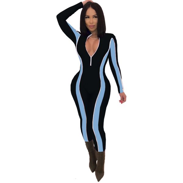 

spring est fashion casual sports ny jumpsuits contrast color stripes long sleeves zipper v neck full length cluwear rompers, Black;white