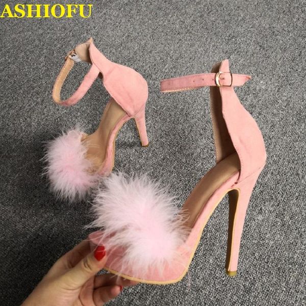 

handmade ladies high heel sandals fur-ball real pos party prom summer shoes evening daily wear, Black