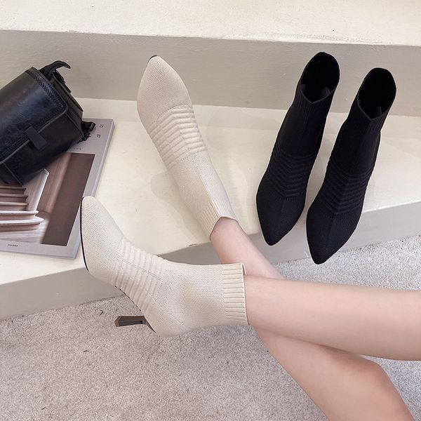 

autumn korean women's pointed thin solid color simple fashion boots flying woven style high heels, Black