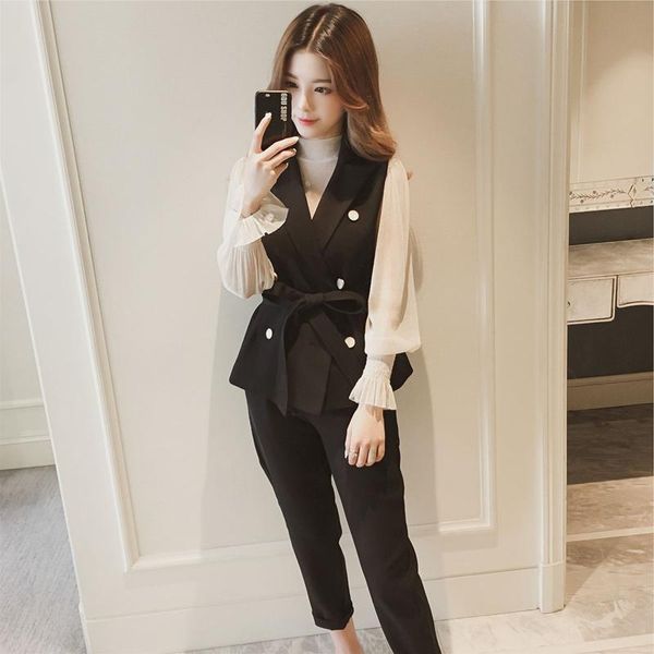 

women's tracksuits women 2021 spring autumn three piece set female long sleeve +vest with belt and pants suits office ladies ol style s, Gray