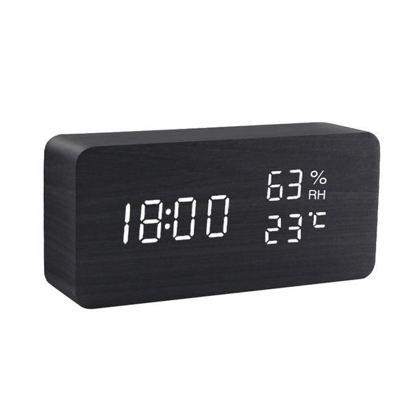 Sveglia LED Digitale in legno USB / AAA Orologio da tavolo alimentato con indicatore di temperatura e umidità Controllo vocale Snooze Orologi da scrivania 210804