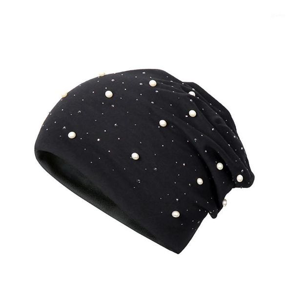 

outdoor fashion women faux pearl solid color beanie cap elastic baggy turban hat1, Blue;gray
