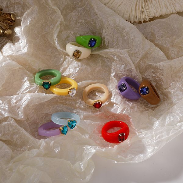 

fashionable personality color acrylic gemstone band rings design simple and versatile jelly texture resin joint-ring light luxury temperamen, Silver
