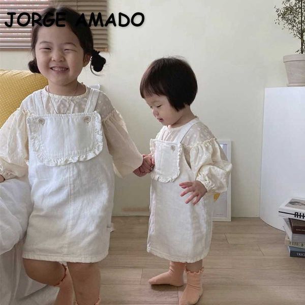 Summer Kids Girl Girl 2-PCs Define Camisas Florais Branco Amarelo + Ruffles Denim Vestido Casual Estilo Crianças roupas E1512 210610