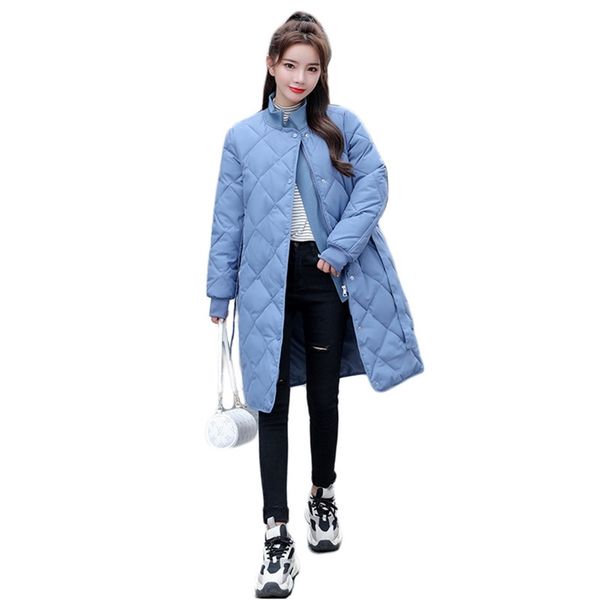 

winter coat women stand collar cotton jackets autumn korean fashion slim blue long thick warmth belt parkas lr965 210531, Black