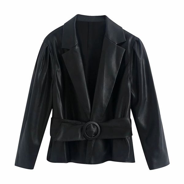 

women fashion simplicity pu belt artificial leather clothing female commute lapel long sleeves office lady jacket 210531, Black