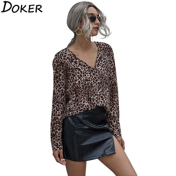 

women's blouses & shirts womens and 2021 autumn leopard v-neck long sleeve office elegant ladies plus size vintage chiffon blouse, White