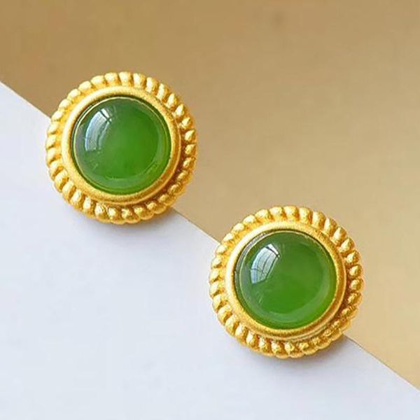 

stud natural silver hetian jasper earrings inlaid with precious stones golden pattern light luxury craftsmanship ladies brand jewelry, Golden;silver