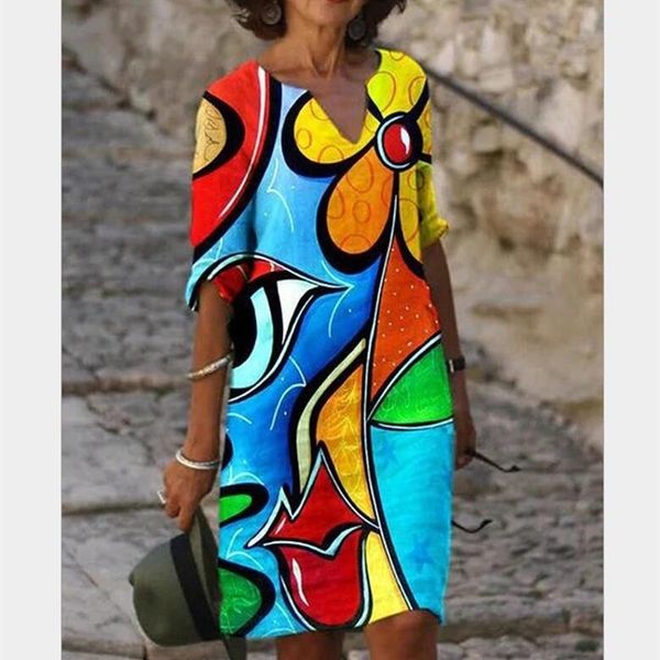 

2021 new women printing dress summer v-neck half sleeve a-line dresses female retro litera vintage loose dress vestidos, Black;gray