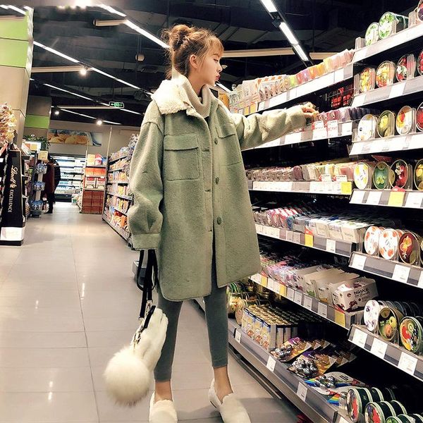 

women's wool & blends avocado green woolen lamb fur coat female autumn and winter 2021 imitation velvet long section loose lapel thick, Black
