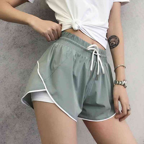 

summer quick dry womens shorts high waist drawstring sports fitness running workout fake two piece, White;black