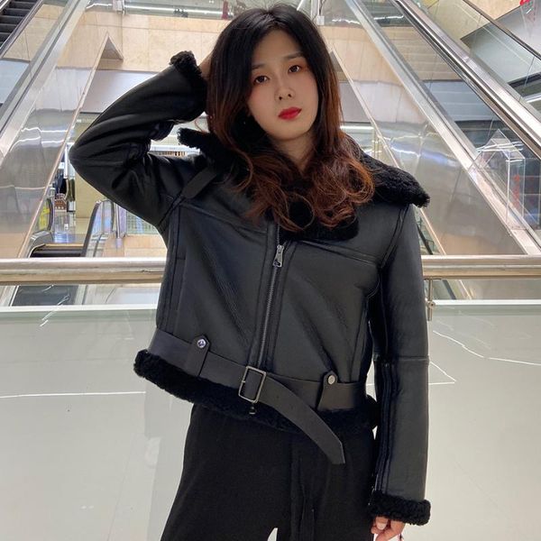 

women's fur & faux women natural sheepskin jacket 2021 fashion cropped biker overcoat, Black