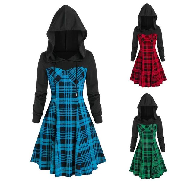 

casual dresses fashion womens autumn ladies loose gothic plaid printed drawstring hooded long sleeve party club mini dress vestidos#g3, Black;gray