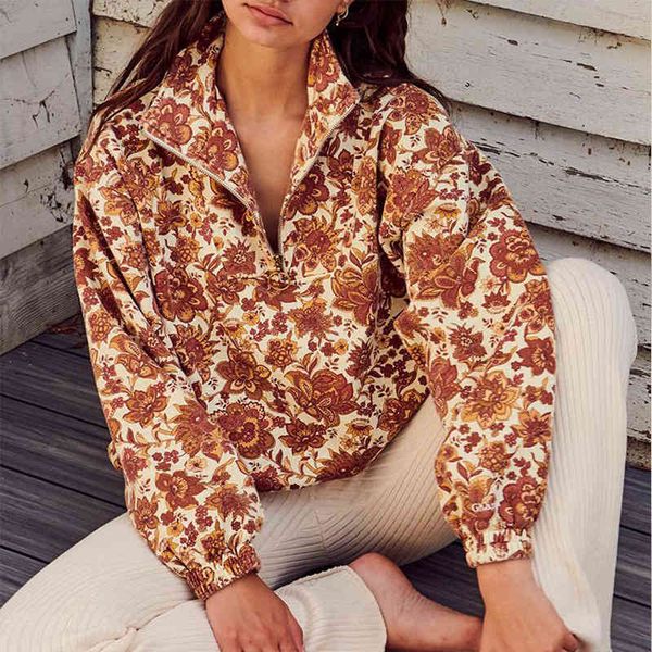 

boho floral print zipper polo collar pullovers oversized hoodie women sweatshirts long sleeve casual autumn bohemian fashion, Black