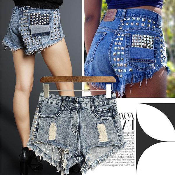 

denim shorts women rivet destroyed ripped jeans short trousers distressed tassel high waist punk streetwear plus size xxxl women's, White;black