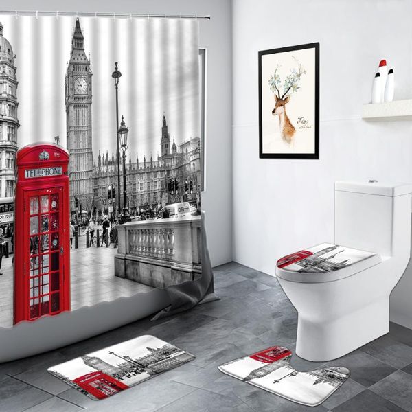 

london big ben red telephone booth paris street scenery shower curtain retro building bathroom decor rug bath mat toilet set curtains