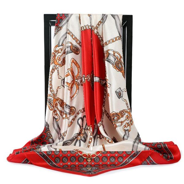 

scarves 2021 female 90x90cm kerchief summer sunscreen chain print shawl fashion high-grade satin silk scarf square headcloth, Blue;gray