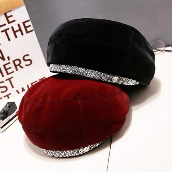 

berets pu leather beret hat female british retro fashion wild net red octagonal bud autumn and winter, Blue;gray