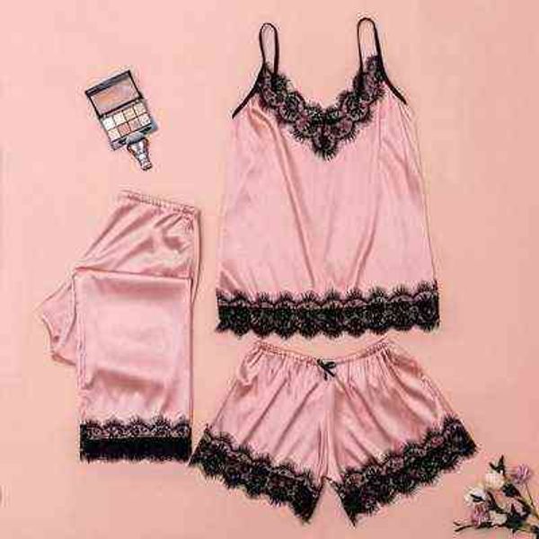 

customized production of three piece set of lace pajamas 211202, Black;white