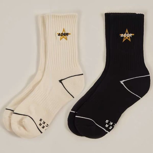 

socks hosiery five pointed star embroidered men's ader middle tube women's embroidered cotton brand socks, han digner, Black;white