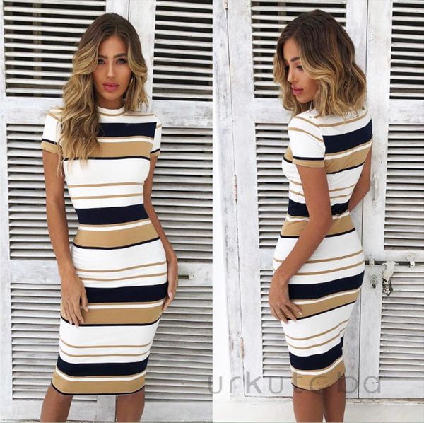 

elegant striped sheath women dresses beach slim o neck short sleeve party summer fashion plus size red yellow, Black;gray