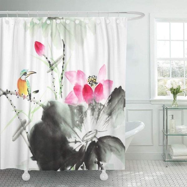 Занавески для душа занавес японская кингфишер и лотос цветочный акварель живопись художественная художественная красивая птичья ванная комната