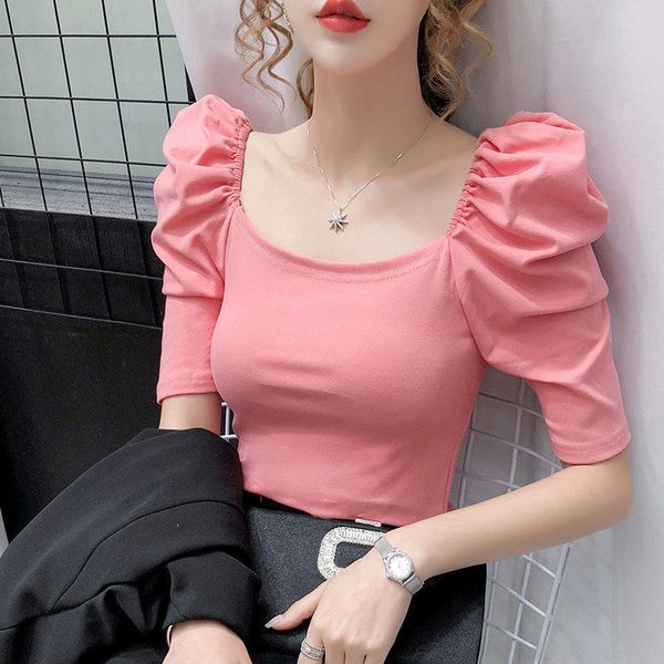

design vintage clothes t shirts summer for women puff sleeve solid color basic tshirts woman korean fashion xs, White