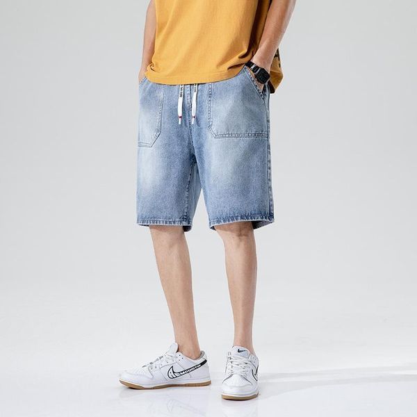 

men's jeans light-colored denim shorts mens fashion loose straight net red five-point pants lace-up -40, Blue