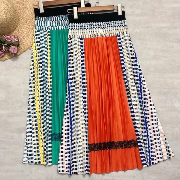

skirts 2021 women pleated plaids patchwork bohemia printing long plus size elastic waist midi clothes, Black