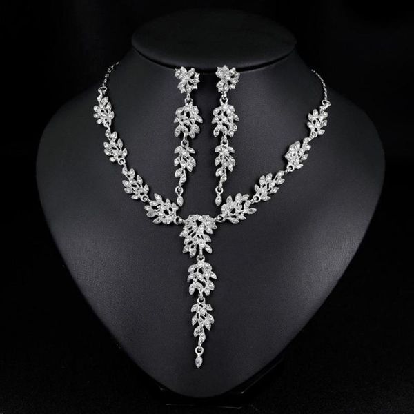 

earrings & necklace classic fashion sieraden leaf rhinestones christmas women bride wedding jewelry sets gifts for year, Silver