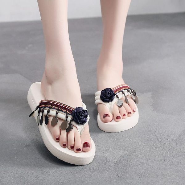 

all-purpose hermitage flower-cake shell slippers women summer bohemia floral shoes beach flip flops kapcie pantuflas de mujer a4, Black