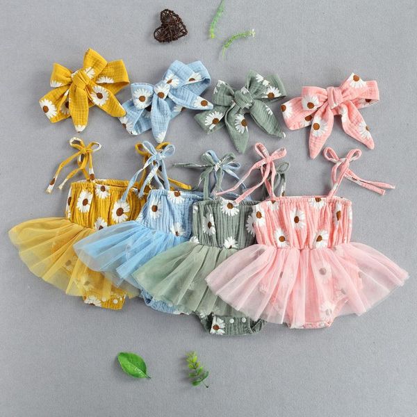 

jumpsuits baby girls lace-up suspender romper dress daisy printing mesh yarn and headband summer clothing, Blue