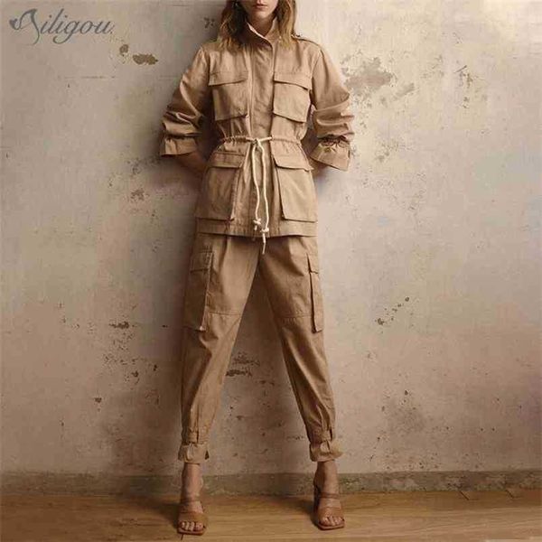 

fall women's overalls style two-piece lapel long-sleeved waist coat pocket pants casual fashion suit 210525, White