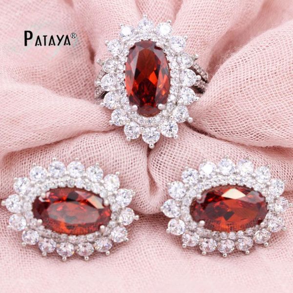 

earrings & necklace pataya ru women luxury jewelry set green oval natural zircon ring sunflower true white gold, Silver