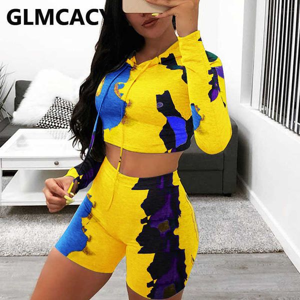 

2 pieces sets women printed long sleeve hoodies & bodycon shorts 210702, White