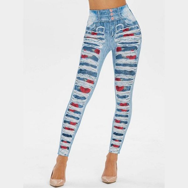 

women's leggings women fashion stripe imitation jeans print high waist plus size leggins pants spodnie damskie vetement femme, Black