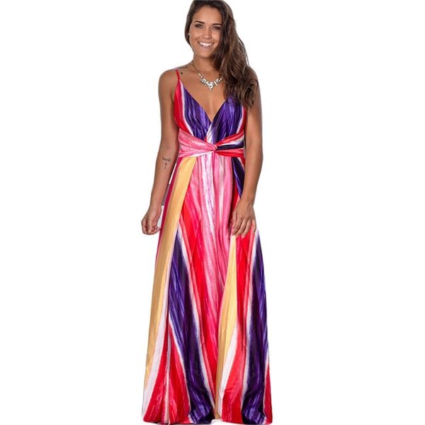 Sommer Sling Kleid Frauen Streifen Druck Frühling Europa und Amerika hellblau Strand sexy V-Ausschnitt nackten Rücken Maxi LR763 210531