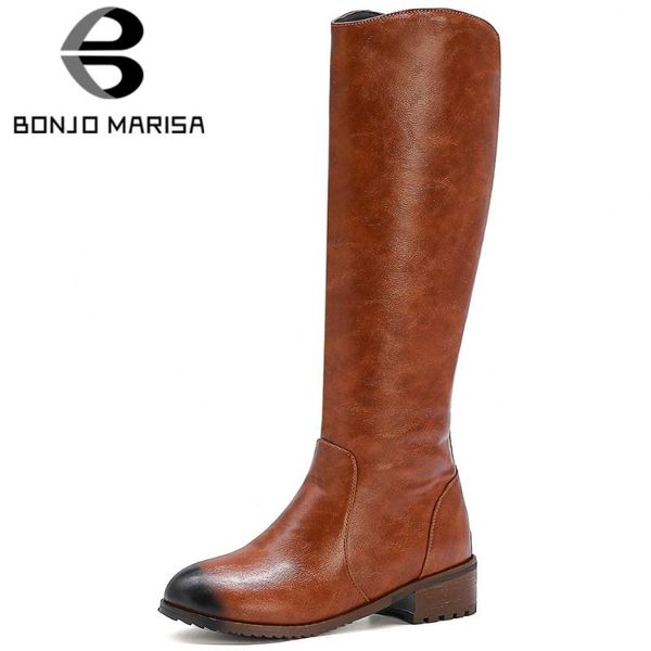 

boots bonjomarisa lady round toe zipper solid squaew heel fashion brand designer knee high women casual shoes woman, Black