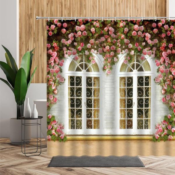 

pastoral flowers cane vine scenery shower curtains floral green wooden door bathroom decor bath curtain with hooks fabric screen