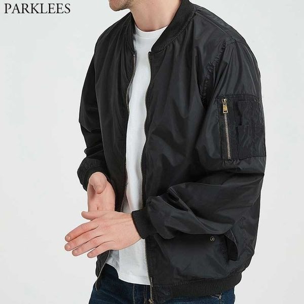 Schwarze Herren-Flugbomberjacke, lässige Softshell-Männer-Baseballjacken und -Mäntel, Uni-Jacke mit durchgehendem Reißverschluss und Armtasche 210522