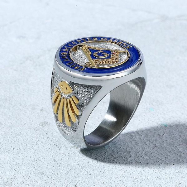 

cluster rings antique masonic ring for men silver stainless steel casting blue enamel master mason signet men's, Golden;silver