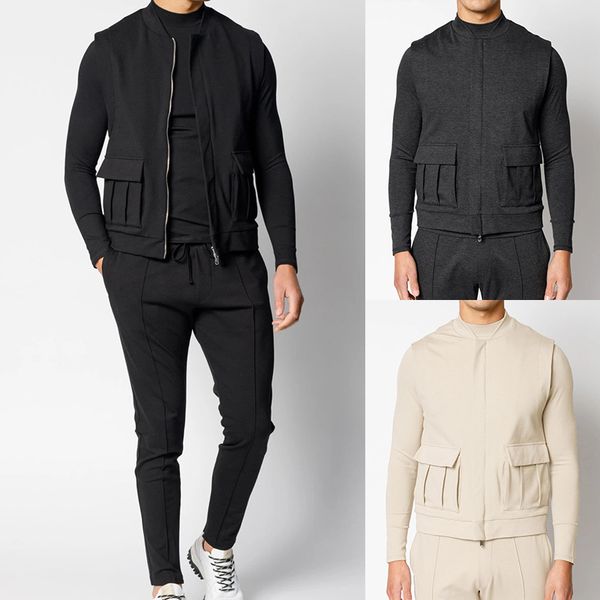 

men's tracksuits 2021 four seasons trend handsome leisure sports suit vest, sweater and trousers, Gray