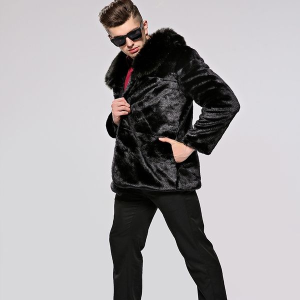 

men's fur whole leather imitation artificial winter coat, Black