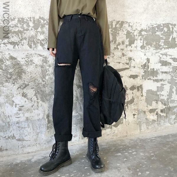 

women's jeans vintage loose black straight wide leg high waist ripped for women knee pants mom boyfriends, Blue