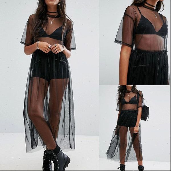 

summer volie mesh see womens dress through black gauze sundress half sleeve lace outwear 1 piece, Black;gray